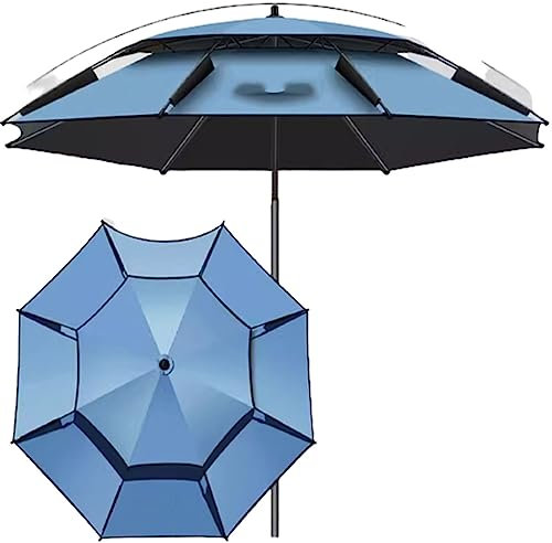 FLNOZAMZ Angelschirm mit Bodengabel, doppellagiger regenfester Sonnenschirm, 360° verstellbare Universaldrehung, für Strandterrasse (Dark Blue 220cm)