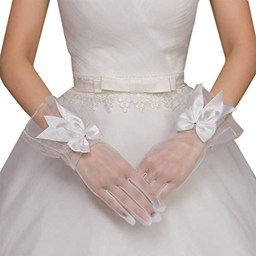 GAOSHA Brauthandschuhe Gaze Schleife mit Fingern kurz weiß geraffte Spitze Fäustlinge Hochzeitskleid Zubehör Foto Requisiten