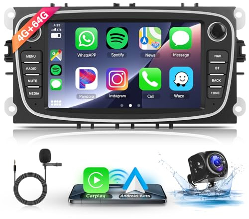 Hodozzy 4G+64G Android Radio para Ford Focus S-MAX Mondeo Galaxy C-MAX, Pantalla Táctil de 7 Pulgadas con Carplay Android Auto, Radio de Coche con GPS WiFi Bluetooth FM/RDS Radio DSP Canbus Cámara