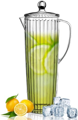 Jarra de agua transparente con tapa, jarra de nevera de 42 onzas para té helado, limonada, sangría, jugo, leche y más, sin BPA, diseño duradero y elegante