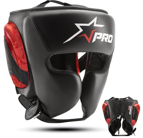 Starpro Nimbus Casque de Boxe Sparring – Cuir Premium, Protection Maximale Joues Renforcées & Ajustement Réglable Léger (Noir/Rouge, XL)