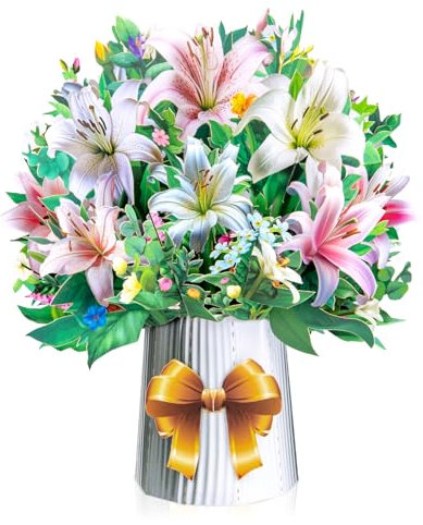 DLYMXGC Biglietto pop-up grande con motivo giglio, con bouquet di fiori di carta, con biglietto vuoto e busta, regalo ideale per festeggiare amore, compleanno, anniversario, momenti speciali, San
