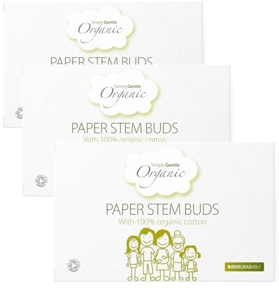 Simply Gentle Organic, Cotton fioc, 100% cotone biologico e carta FSC, per la pulizia di aree delicate intorno agli occhi e alle orecchie esterne, ecologici e biodegradabili, 200 boccioli (confezione