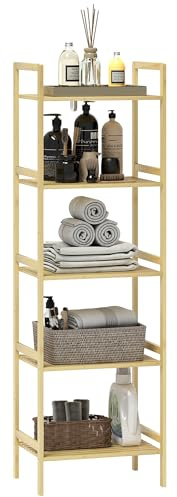 HOMCOM 5-Tier Bamboo Bathroom Storage Shelf, Freestanding Shelving Unit with Adjustable Rack for Kitchen Bathroom Living Room, Natural Wood Finish