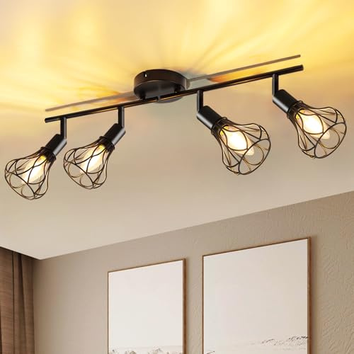 GeyouLux E14 Deckenlampe 4 Flammig, LED Deckenstrahler Schwenkbar 350° | Retro Deckenleuchte Küchenlampe Wohnzimmerlampe Schwarz Lampe für Küche Wohnzimmer Flur Schlafzimmer Ohne Leuchtmittel