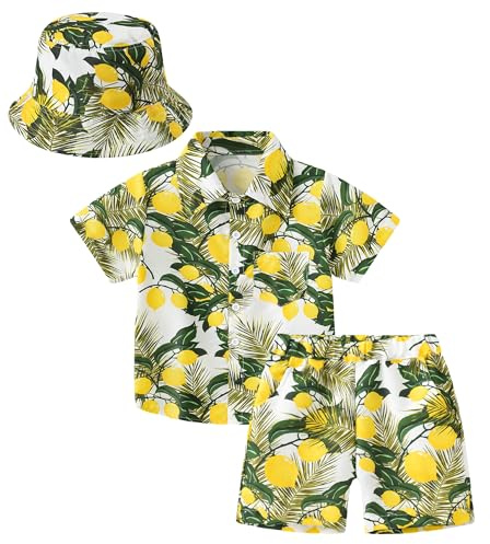Happy Cherry Bambino Completo Estivo Manica Corta Set di 3 Camicia Top con Bottoni + Pantaloncini Vita Elastica + Cappello da Pescatore Outfit Estate Stampato Limone Giallo 3-4 Anni