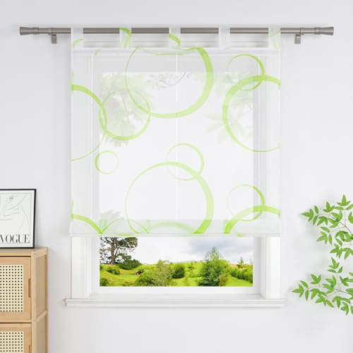 Heichkell Transparent Raffrollo, Rollo mit Kreis, Grün BxH 120x150 cm | Raffgardine mit Schlaufen, Moderne Gardine ohne Bohren