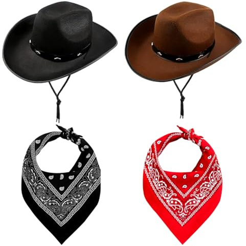 HATFRYF Cowboy Hat, 4 pack Western Cowboy Hats, with Red and Black Scarf, Cowgirl Hat Set, Unisex Felt Western Hats and Texas Costume Accessories for Men, Women, Adults Wild West Fancy Dress Party