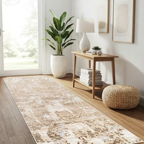 TAPISO Crystal Teppichläufer Kurzflor Glänzend Braun Beige Gold Creme Weiß Marmoreffekt 3D Effekt Wohnzimmer Schlafzimmer Modern Design ÖKO-TEX 100 x 250 cm