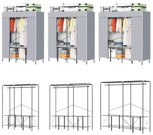 Vkechh Tragbarer Kleiderschrank Faltbar 138cm, 360° Staubschutz mit 3-Fach Schutzsystem, Stabil durch Dreieck-Verstärkung, Grauer Stoffbezug für Schlafzimmer, Wohnzimmer (100kg Tragkraft)