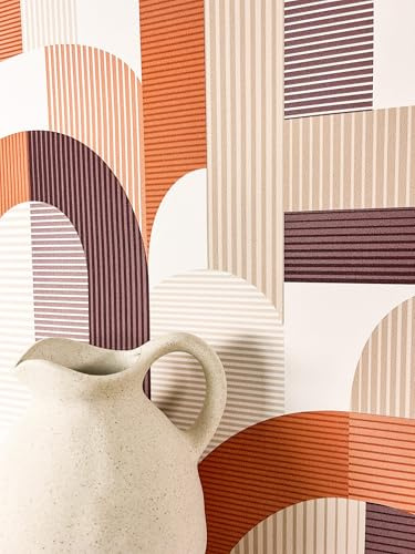 Newroom Vliestapete Orange Streifen Mustertapete Wohnzimmer | geometrisches Bogenmuster matt, feine Streifenstruktur, Retro Mid-Century Boho, Wandtapete Terrakotta, Schlafzimmer Flur