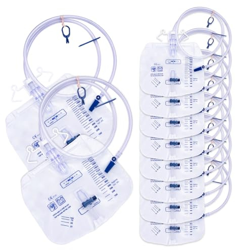 DOKIBI Katheterbeutel, 2000 ml Urinbeutel für Männer, Harnablaufbeutel mit verbesserter Anti-Reflux-Kammer, 121,9 cm verdickter Drainagerohr, verstellbare Clips und Haken zum Aufhängen, 10 Stück