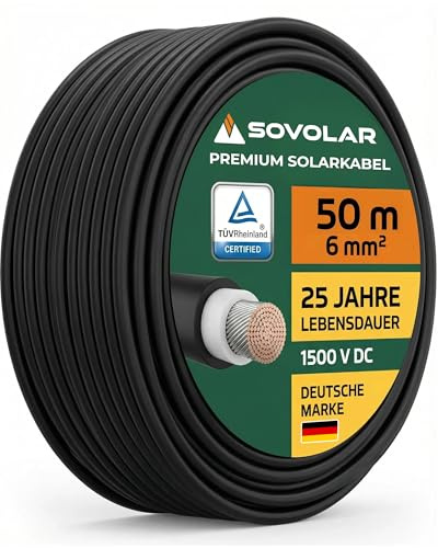 Sovolar Premium Solarkabel 6 mm² Rolle TÜV-zertifiziert UV-beständig flexibel Photovoltaik Kabel PV Kabel Solar Anschlusskabel für Solarpanel Wechselrichter für Privatkunden mit 0% MwSt (Schwarz, 50m)
