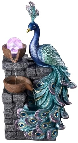 13.8-inch Peacock-Shaped Indoor Tabletop Fountain with LED Lights, Multi-Layer Waterfall & Crystal Ball – Includes 10 Free Natural Crystals – Silent Zen Decor for Home, Office & Meditation