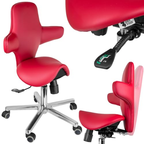 Spacetronik Sattelhocker mit Rückenlehne, Arbeitshocker Sattelsitz | Neigungsverstellung, Höhenverstellbar 59–79 cm, Rollhocker mit Metallbasis und 5 Rollen