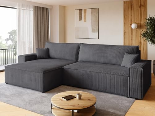 BROMARKT Sofa mit Schlaffunktion Couch L Cordstoff Sofa Bettkasten Schlafsofa für Wohnzimmer Ecksofa freistehend Adi XL Relaxsofa 3 sitzer 272x143x85 cm Grau