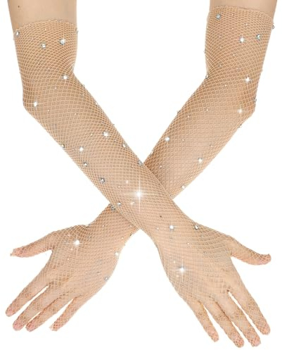 Quilax 2 Pcs Sparkly Arm Sleeves, Rhinestone Long Fishnet Gloves, Bling Elbow Length Women's Novelty Gloves for Siren Halloween Costume, Mesh rave glove for Party Mermaid Accessories (Nude)