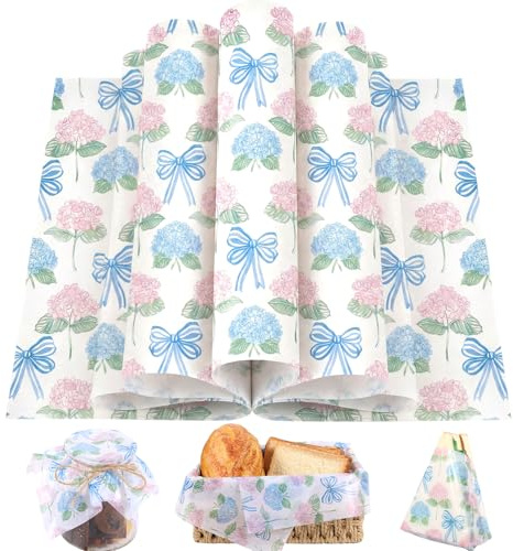 150 Sheets Watercolor Hydrangea Wax Paper Sheets for Food Deli, 9.8 x 8.3 inch Pastel Floral Bow Greaseproof Deli Paper for Sandwich Picnic Basket Liner Birthday Wedding Party Supplies