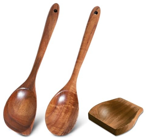 2 PCS Wooden Corner Spoon,Shorter Handled Premium Wooden Spoon, Wooden Spoons for Cooking with Support, Premium Teak Cooking Utensils Set, Comfort-Grip Long Handle, Easy to Clean Wooden Kitchen