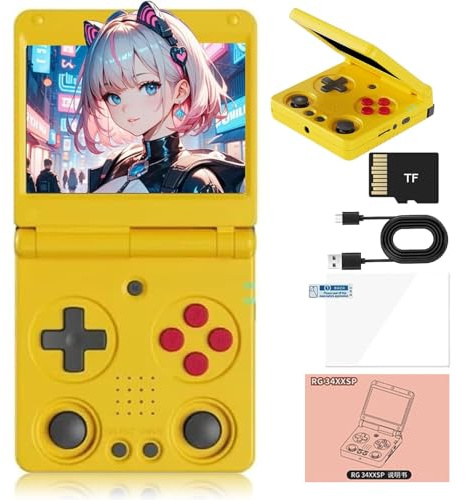 RG34XXSP Portable Game Console Rétro RG 34XXSP Console De Jeux Rétro 3.4 Écran IPS avec Système Linux Batterie 3300mAh avec Wi-FI / Bluetooth Console De Jeux Rétro-Yellow||64G