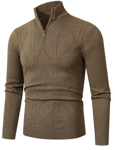 Herrtröjor med halvt blixtlås, stickad polotröja, kvartsblixtlås, jumper för män, slim fit, mode, stilren, enkel, ledig, varm, bekväm utomhuströja pullover, Kaffe, L