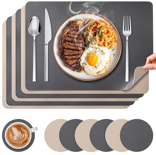 KUOGAS 6er Set Platzsets abwaschbar & Untersetzer, rechteckige Tischsets abwaschbar wasserdicht & rutschfeste doppelseitige Lederoptik für Küche, Esszimmer, Büro (Grau-Beige) | Tischsets abwaschbar, wasserdicht, rechteckig, Lederoptik, für Küche, Esszimmer, Büro,Hellgrün-beige .
