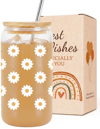 VivaJoy Sunflower Gifts for Women - Birthday Gifts for Women, Sunflower Glasses, Cut Daisy Glass Cups with Straw and Lid, Thanks Gift for Womens, Teacher, Sister, Bestie, Best Friend