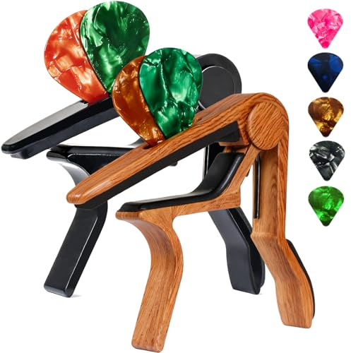 Kappodarster für Akustik- und E-Gitarre, 6-Saiten, Akustik- & E-Gitarrenkappodarster (mit Plektrumhalter und 5 Plektren), Ukulele, Mandoline, Banjo, Gitarrenzubehör (Holz+Schwarz)