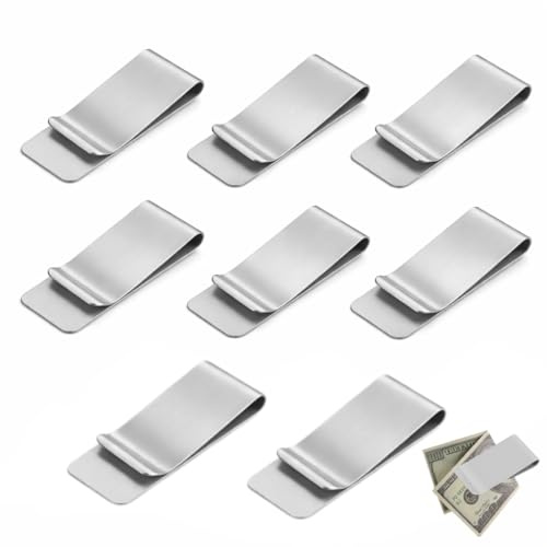 JinRuiCPeng 8 PCS Pinces à Billets en Acier Inoxydable, Pince à Billet Fine et élégante, Pince a Billets Homme Minimaliste pour Billets, Cartes, Tickets et Documents, Format Compact Argent