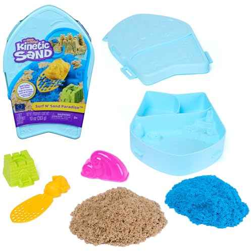 Kinetic Sand Surf 'N Sand Set, Moldable Play Sand Sensory Toys, Ages 3+ | Create a Beach Scene with 10oz Sand & 3 Molds, Surfboard Storage Case, Creative Open-Ended Play, Birthday Gifts for Kids