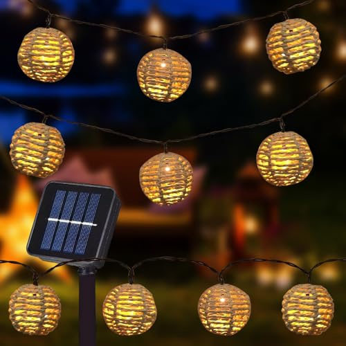 RNPKZ 10 luces LED solares para exteriores, bolas de ratán LED, farolillos, para exteriores, resistentes a la intemperie, IP67, cuerda de papel, para jardín, balcón, patio, boda
