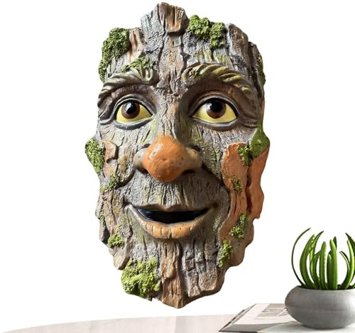 Volto d'Albero Simpatica Statuetta in Resina a Forma di Volto | Scultura da Parete per Patio per Cortile, , Giardino, Portico, Ingresso, Aiuola