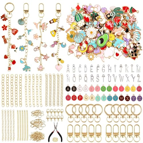 Weldomcor 350 Stück DIY Schlüsselanhänger Basteln Charms Anhänger Set | Schlüsselanhänger Selber Machen Inklusive 142 Charms, Clips Ketten & Schmuckzange, Kreativ Keychain Making Kit für Erwachsene