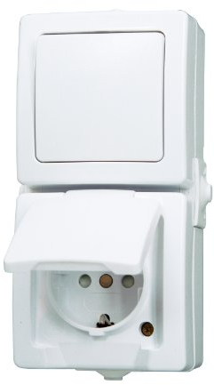Kopp NAUTIC - Combinaison de prises va-et-vient - Blanc arctique - Prise sûre en saillie avec couvercle et protection de contact accrue - Interrupteur vertical IP44 pour pièces humides - Avec prise 16