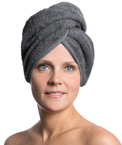 ZOLLNER Haarturban in grau - weiches Haarhandtuch mit Knopfverschluss - schnelltrocknend - waschbar bis 60°C - Baumwolle