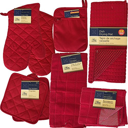 Red Kitchen Starter Set Has Oven Mitts, Pot Holders, Kitchen Towels, Micro-Scrubber Dish Cloths, and Drying Mat