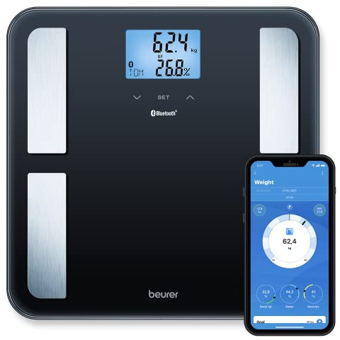 Beurer BF 850 Diagnosewaage schwarz, extra große Trittfläche, Messung von Körperfett, Körperwasser, Muskelanteil und Knochenmasse, Kalorienbedarf AMR/BMR, BMI, mit App
