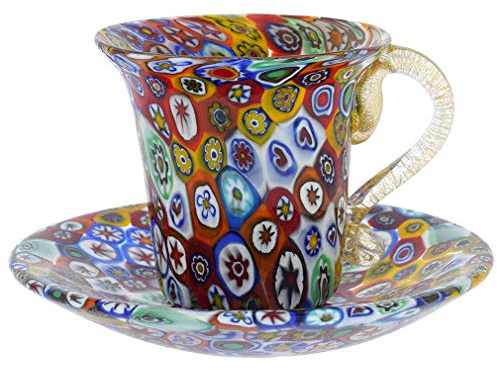 Glass Of Venice Murano Glass Millefiori Cup and Saucer Multicolor with 24K Gold Accents
