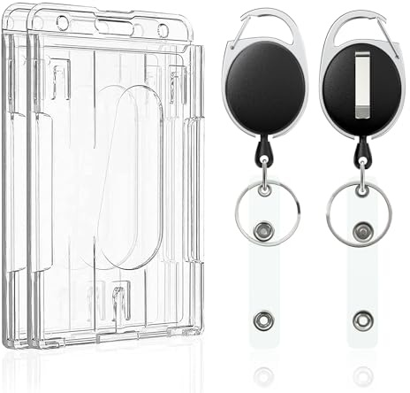 Pawfly 2 Pack Vertical 2-Card Badge Holder with Thumb Slots Hard Transparent PC Case Protector with Retractable Badge Reel Carabiner Clip for IDs Credit Cards Driver’s Licenses and Passes