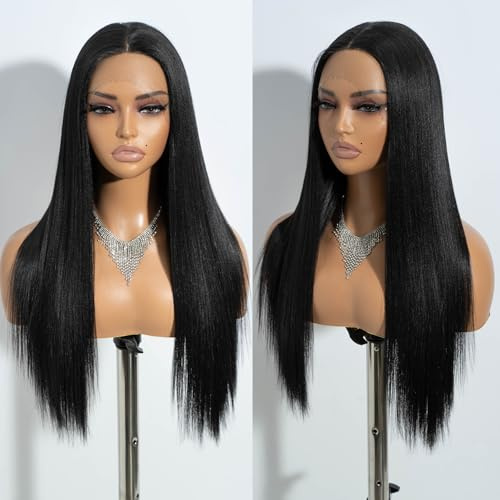 Joedir 13x4x4 Lace Front Perücke, lang glatt, mit Babyhaar, hochtemperaturbeständig Kunsthaar 180% Dichte (schwarz)