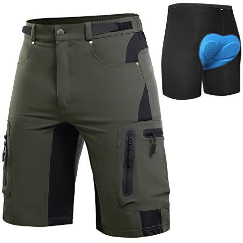Cycorld MTB-byxor herr cykelbyxor, snabbtorkande mountainbike byxor cykelbyxor med 4D sittdyna, elastisk utomhus sport män cykelbyxor MTB cykel shorts, Grön med underkläder, M