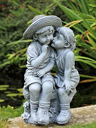 HH Home Hut Garden Ornament Boy & Girl Loving Kissing Cherub Statue Decor Beige Grey Large