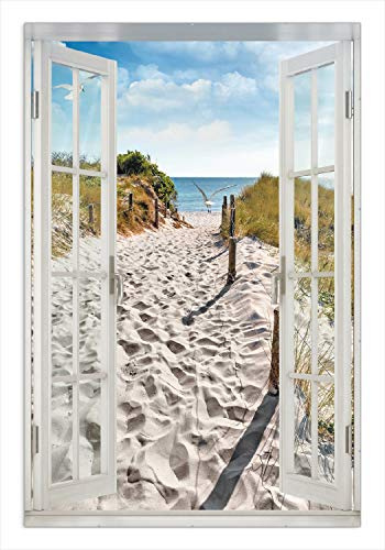 Wallario Wandbild - Möwen auf dem Weg zum Strand in Premiumqualität, Poster mit rahmenlosen Bildhalter, Größe: 61 x 91,5 cm mit Fenster-Illusion