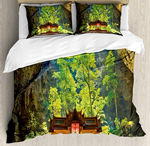 Ambesonne Natural Cave Duvet Cover Set, Latent Pavilion in Between The Cliffs Discovery of Faith in The Nature Picture, Decorative 3 Piece Bedding Set with 2 Pillow Shams, California King, Multicolor