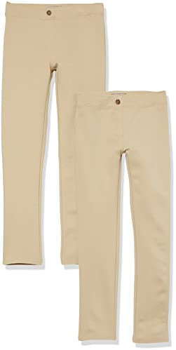 Amazon Essentials Pantalon à coupe ajustée en tissu ponte tricoté - Uniforme Fille, Lot de 2, Brun Kaki, 11-12 ans