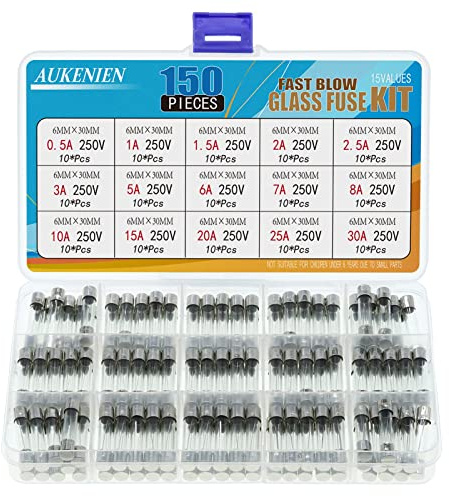 AUKENIEN 6x30 MM Glas Sicherung 15 Wert 150 Stück 0,5A 1A 1,5A 2A 2,5A 3A 5A 6A 7A 8A 10A 15A 20A 25A 30A 250V Sicherungen Glassicherung Glasrohrsicherung Feinsicherung Schnelle Schlag Glasrohr Kit