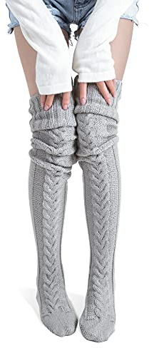 Pcavin Women's Thigh High Socks Over the Knee Cable Knit Boot Socks, Long Warm Fashion Leg Warmers Winter(Gray)