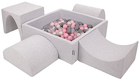 KiddyMoon Spielplatz Aus Schaumstoff Mit Quadrat Bällebad (300 Bälle) Ballgruben Für Babys Spielbad Hindernisläufen, Hergestellt In Der EU, Hellgrau:Perle/Grau/Transparent/Puderrosa
