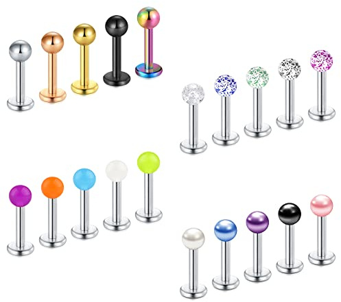 Vcmart 20pz Labret Stud Labbro Bar 16G Tragus Helix Orecchino Stud Flat Back Medusa Piercing 6/8/10/12mm Disponibile