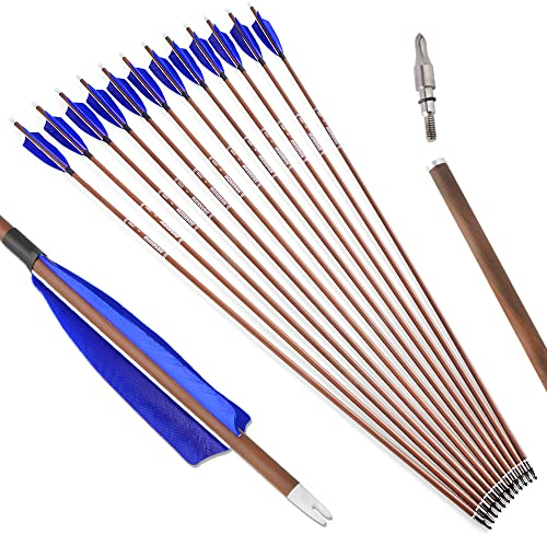 SHARROW 12 Stück Carbonpfeile 31 Zoll Carbon Pfeile mit Naturfedern Holzkorn Kohlenstoff Pfeil Bogenpfeile Spine 340-600 Jagdpfeile für Compound und Recurvebogen (Spine 500, Typ 1: Blau)